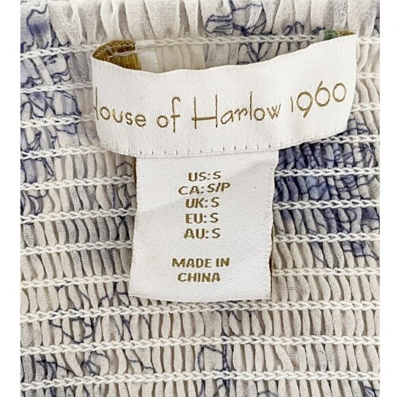 House of Harlow Women's Sz S Blue Floral Cropped Balloon Sleeve Smocked Back Top - Picture 4 of 8